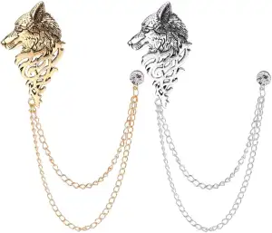 2 Stk Anzugbrosche für Herren, Wolfskopf Brosche Anstecknadel Pin, Ketten Brosch