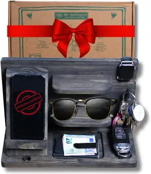 Nachttisch Organizer in Grau aus Holz mit Handyhalterung - Aufbewahrung für Geld