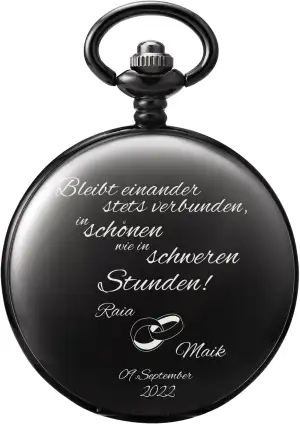 TREEWETO Taschenuhr mit Gravur zur Hochzeit, Personalisiert mit Namen und Datum, Motiv Ringe, Geschenkidee zur Hochzeit, Hochzeitsgeschenk