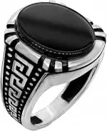 925 Sterling Silber Ringe Herren Siegelring mit schwarzem Onyx und griechischem Muster edler Ring...