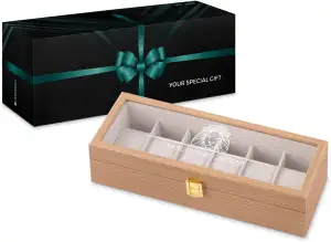 Maverton Uhrenbox mit Gravur für 6 Uhren - Uhrenschachtel Uhrenaufbewahrungsbox aus Holz - personalisiert - braun 31x11x8cm - Geschenk zum Geburtstag für Männer - Löwe