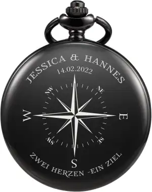 TREEWETO Taschenuhr mit Gravur, Personalisiertes Hochzeitsgeschenk, Geschenk für Paare mit Kompass Knoten, Personalisiert mit Namen und Datum