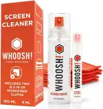 WHOOSH! Screen Cleaner Spray und Tücher - 100 und 8 ml + 2 Mikrofasertücher - Duo mit Flaschen in Standard- und Reisegröße für TV, Auto, Computer, Laptop, MacBook, iPad, Handy, Kamera, Brille, Uhr