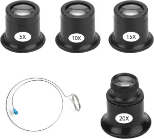 4 Stück Uhrmacherlupe 5x/10x/15x/20x Juwelierlupe Okular mit Lupe Stahlring Uhrm