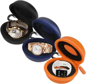 LAGAHS 3 x Uhrenboxen, Reiseetui mit Reißverschluss, Eva-wasserdichte Uhrenrolle, gepolsterte runde Uhrenbox für alle Smartwatches und Armbanduhren bis 50 mm (Orange, Schwarz, Blau)