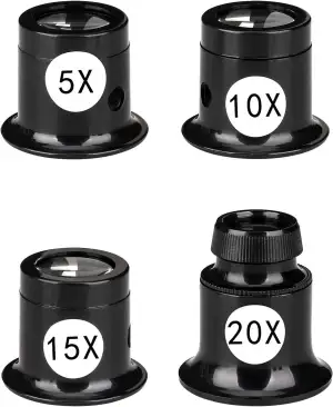 4 Stück Uhrmacherlupe Vergrößerungs Glas Set 5X/10X/15X/20X Juwelier Lupe Augenl