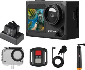 SVBONY SVGo2 4K Unterwasserkamera, Action-Kamera mit Externem Mikrofon, EIS, Wasserdicht bis 30m, Touchscreen, Dual-Screen, 2x1350mAh Akkus, 140° Weitwinkel, WLAN, Zubehörset zum Schnorcheln、Skifahren