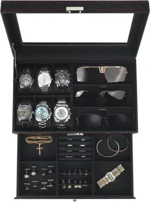 Uhren- und Sonnenbrillenbox mit Glasdeckel – Schmuckkasten für Herren, 6 Fächer, 2 Ebenen, Uhrenetui mit Schloss, Aufbewahrungsbox & Display – Geschenk für Männer und Frauen
