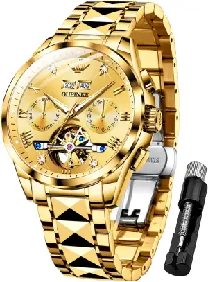 OUPINKE Herrenuhr Automatik Mechanische Armbanduhr mit Mondphase Wasserdicht Lum