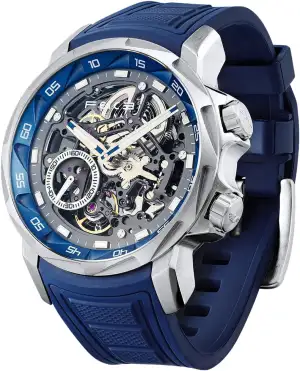 FEICE Herren Automatikuhr Skelett Saphirglas mit Blauem Gummiarmband Edelstahlgehäuse 46 mm FM511