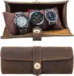 Acidea Tragbar Uhrenbox Uhrenrolle aus echtem Leder, Uhrenkoffer mit Uhrenkissen für 3 Uhren, Handgefertigt Aufbewahrungsbox Uhrenkoffer für Damen Herren