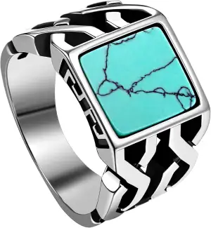 Cupimatch Türkis Ring Herren Siegelring: Vintage Breiter Bandring aus Edelstahl 