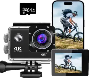 Action Cam, 4K30FPS 20MP actionkameras mit 64GB Karte, 40M Unterwasserkamera Wasserdicht Ultra HD Touchscreen 170 ° Weitwinkel, EIS Stabilisierung, WiFi Actioncam für Fahrrad, Schnorcheln, Motorrad