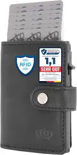 Baur Slim Wallet aus echtem Leder – Kreditkartenetui mit Aluminium Pop-Up Case & RFID-Schutz – Kleine Geldbörse für Herren mit Münzfach – Smart Wallet (Münzfach mit Reißverschluss, Schwarz)