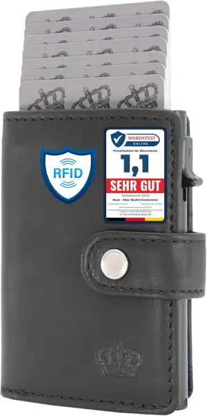 Baur Slim Wallet aus echtem Leder – Kreditkartenetui mit Aluminium Pop-Up Case & RFID-Schutz – Kleine Geldbörse für Herren mit Münzfach – Smart Wallet (Münzfach mit Reißverschluss, Schwarz)