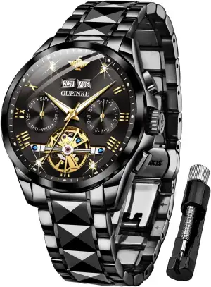 OUPINKE Herrenuhr Automatik Mechanische Armbanduhr mit Mondphase Wasserdicht Luminous Tag Datum Zweifarbige Edelstahlarmband