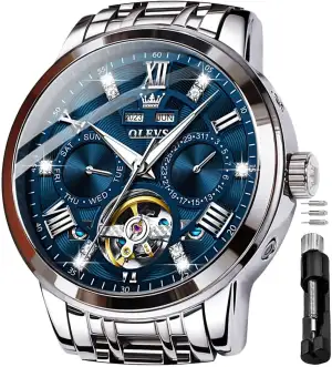 OLEVS Herren Automatikuhr Diamanten Tourbillon Skelett Luxus Edelstahl-Armbanduhr mit Kalender, 30M wasserdicht Leuchtzeigern Mechanische Selbstaufzugsuhr für Business/Abendmode im Geschenkbox