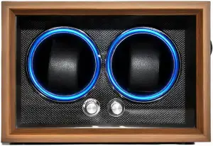 Uhrenbeweger für 2 Uhren, LED-Beleuchtung, 4 Rotationsmodi, Schwarzes Walnusshol