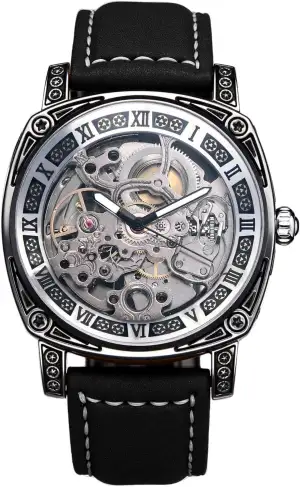 JewelryWe Herrenuhr Automatik Mechanische Uhr 30m wasserdicht Analog Automatische Armbanduhr Automatikuhr Herren Schwarz Echtes Lederarmband Skelett Uhr