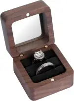 Ringbox Holz, Ringbox Hochzeit, Vintage Massive Walnuss Ringschatulle, Ringbox mit Doppeltem Schlitz für Heiratsantrag, Verlobung, Hochzeit und Tägliche Lagerung (Black Inner with window)