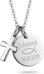 Kamiko Tauf und Kommunionkette für Kinder mit Gravur, personalisierter Anhänger, silberfarben Edelstahl, mit oder ohne Kreuz