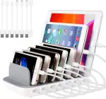 USB Ladestation 60W/12A 7 Anschlüsse Desktop Ladestation für Mehrere Geräte mit 6 Ai USB Anschlüssen + 1 USB-C Anschluss mit 7pcs Kurz USB-Kabel (weiß)