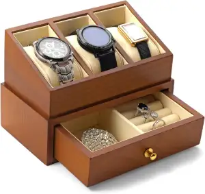 Oirlv Massivholz Uhrenbox mit 3 Fächern, und Glasdeckel - 2 Schicht-Uhrenkasten 