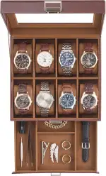 ProCase Uhrenbox mit 8 Fächern, 2 Ebenen Uhrenkasten mit Glasdeckel, Uhrenkoffer mit herausnehmba...