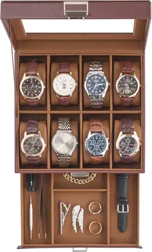 ProCase Uhrenbox mit 8 Fächern, 2 Ebenen Uhrenkasten mit Glasdeckel, Uhrenkoffer