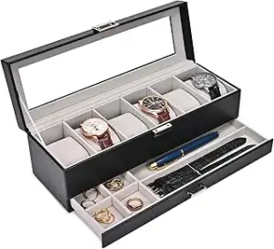 ProCase Uhrenbox mit 6 Fächern，Uhrenkasten mit Glasdeckel, 2 Ebenen, Uhrenkoffer