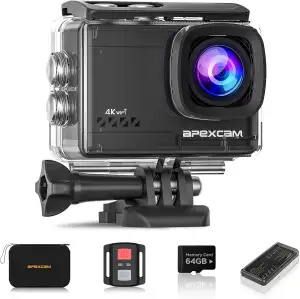 Apexcam M80Air mit 64G Karte Action Cam 4K60FPS 64MP WiFi Sportskamera Unterwasserkamera 40m Wasserdicht EIS Stabilisierung 8X Zoom 2.4G Fernbedienung 2x1350mAh Akkus mit Zubehör-Set