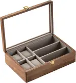 muso wood holz Uhrenbox mit 4+3 Fächern - Uhrenkasten Brillenhalter aus luxuriös massives nordamerikanisches Walnussholz, Uhrenaufbewahrung mit Glasfenster Brillenaufbewahrung 30.6 * 20.5 * 8.5cm