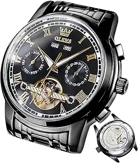 Herrenuhren Automatik Gold Schwarz Mechanische Armbanduhr mit Tourbillon Kalender Wasserdicht Leu...