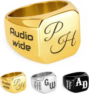 Generisch Siegelring Edelstahl mit individueller Lasergravur 16x16 mm in Schwarz, Gold und Silber mit zusätzlicher seitlicher Gravur inklusive Schmuckbeutel