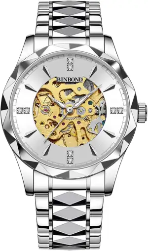 JewelryWe Herren Automatik Armbanduhr Edelstahl Armband Skelett Uhr Automatikuhr Vatertagsgeschenk