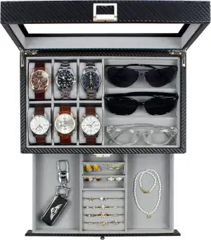 Uhrenbox für 6 Uhren und 3 Sonnenbrillen, Watch Box mit Glasdeckel, Schmuckaufbewahrung Herrn, doppelter Platz für Ringe, Ohrringe usw., mit Schlüsselschloss, Geschenk, KS-A39BG