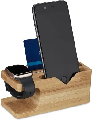 Relaxdays Ladestation, für Apple Watch & iPhone, Bambus, HxBxT: 6 x 14 x 6,5 cm,