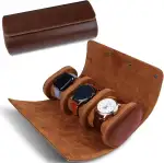3 Slots Zylindrische Uhrenbox, Uhrenrolle Reisetasche Vintage Uhrengehäuse für Männer Frauen - Braun Upgrade-Version