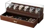 KAMIER Uhrenbox 6 Uhren für Herren,Uhrenaufbewahrungsbox mit Schublade,2 Stöckige Holz Uhren Box ...
