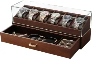 KAMIER Uhrenbox 6 Uhren für Herren,Uhrenaufbewahrungsbox mit Schublade,2 Stöckig