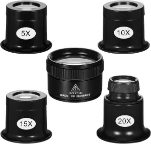 5 Stück Juwelier Lupe Uhrmacherlupe 5x/10x/15x/20x/30x, Tragbar Vergrößerungsgla
