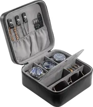 ProCase Reise Uhrenkoffer, 3 Slots PU Leder Uhrenbox Uhren Aufbewahrungbox Uhrenkasten Uhrenschatulle Watch Case -Schwarz