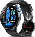 2026 Neu Smartwatch Herren mit EKG/ΒΙυtｚυcker/ΒΙutdruck/BMI/HRV/Harnsäure/LED-Licht, 1,56" AMOLED Rund Gesundheitsuhr mit SpO2/Pulsuhr Schlaf/Aρnοe-Monitor, SOS-Notruf Fitnessuhr für iOS/Android