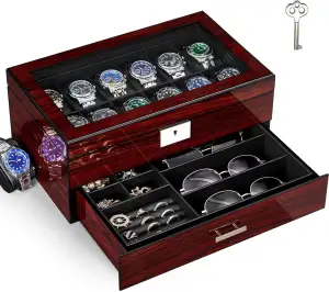 ANWBROAD Uhrenetuis Für Herren Uhrenbox Mit 12 Fächern und Großem Glasdeckel 2 Stufige Uhrenvitrine Abschließbarer Uhren Organizer Luxuriöser Uhrenhalter für Geschenk Geeignet JWB003Y