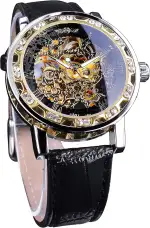 FORSINING Gewinner Retro Manuelle mechanische Skelett Uhr mit Diamantschnitzen Blume Handwerk Männer Armbanduhr Klassische römische Zahl, Schwarze Goldfarbe