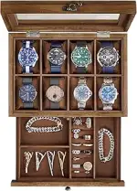 SONGMICS Uhrenbox mit 8 Fächern, Uhrenkasten aus Massivholz, mit Glasdeckel, Uhrenkissen, Schmuck...