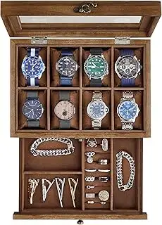 SONGMICS Uhrenbox mit 8 Fächern, Uhrenkasten aus Massivholz, mit Glasdeckel, Uhrenkissen, Schmuck...