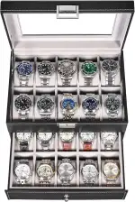 BEWISHOME Uhrenbox 20 uhren, Uhrenkasten Herren, uhrenaufbewahrung 2 Ebenen, Uhrenschatulle Herren und Damen, Metallscharnier, schwarzes PU-Leder, Glasplatte, großer Halter, ESSH04B