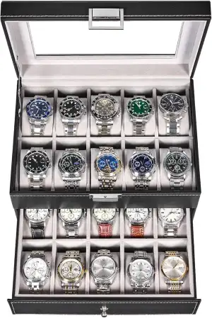 BEWISHOME Uhrenbox 20 uhren, Uhrenkasten Herren, uhrenaufbewahrung 2 Ebenen, Uhr