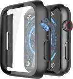 Misxi Hard Hülle mit Glas Displayschutz Kompatibel mit Apple Watch Series 9 Series 8 Series 7 45mm, Rundum Schutzhülle HD Ultradünne PC Schutz Case für iWatch S9/S8/S7, 2-Stück, Schwarz
